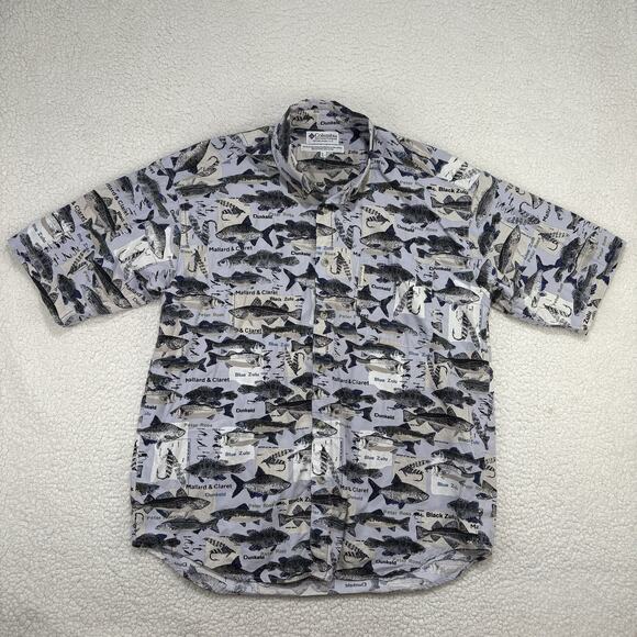 Vintage Columbia Button Down Shirt Mens Large Fly Fishing Lures All Over Print - Picture 1 of 6